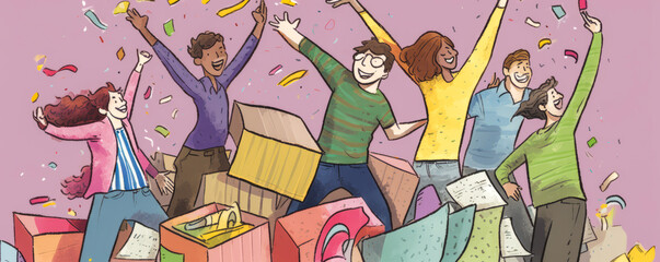 Vibrant friends holding a signed moving box amid colorful decor, celebrating joyful change with smiles and excitement. Expressive teamwork for a new chapter. Generative AI