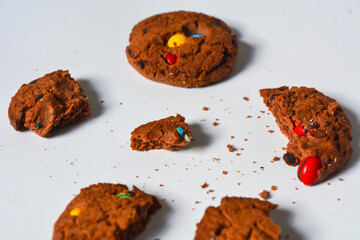 Photo of choco chips on a white background.