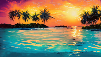 Fototapeta na wymiar Tropical water and palms at sunset AI generated art