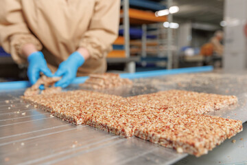 Automatic production line for making snacks from peanuts, pine nuts, healthy kozinak cake. Concept...