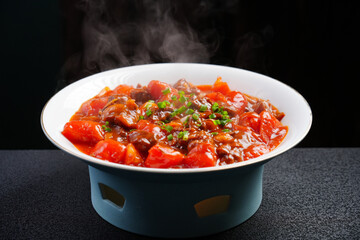 Beef Brisket Stewed with Tomatoes, Traditional Chinese Cuisine, Soup Made from Tomatoes and Beef