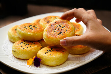 corn cake,Tortillas decorated with black sesame seeds, traditional snacks in Asian countries, pancakes fried from corn paste