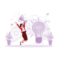 Businesswoman, jumping and holding a trophy in her hands, cheering and celebrating the success of her creative idea. Trend Modern vector flat illustration.