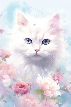 watercolor techniques to paint a cat print that has soft and fluid brushstrokes. subtle splashes of color to create a dreamy and ethereal effect . Cute cat  Generative AI