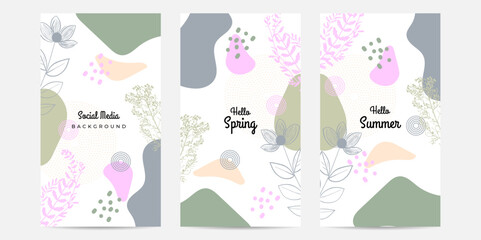 Hello Spring! Vector horizontal spring banner. Floral green background. Tulips, colorful spring flowers and branches with leaves.