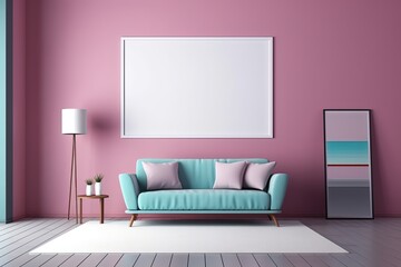 minimal comfy mood living room with blue sofa and empty art wall hanging frame on pink wall, mockup idea, Generative Ai	