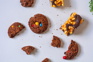 Photo of choco chips on a white background.