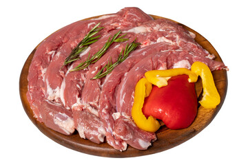 Lamb tenderloin isolated on white background. Fresh raw lamb tenderloin or mutton sirloin on a wood serving board