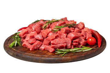Raw beef meat chopped in cubes isolated on white background. Diced beef or lamb on a wooden serving board