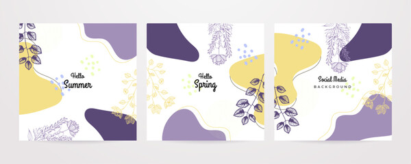 Hello Spring. Trendy abstract square art templates. Suitable for social media posts, mobile apps, banners design and web/internet ads. Vector fashion backgrounds.