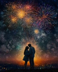 Fototapeta na wymiar Couple under the night sky with fireworks