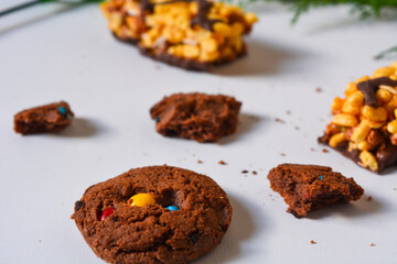 Photo of choco chips on a white background.