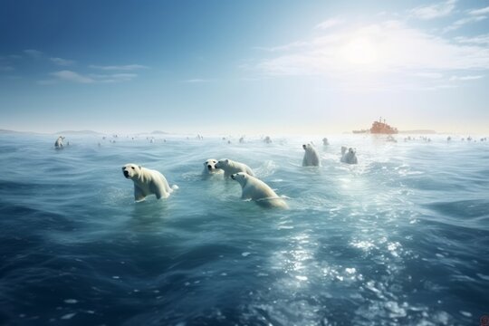 polar bear in the water, Guardians of the Arctic: A Captivating CG Art Depicting a Group of Ice Bears with Lifebelts, Symbolizing Unity, Hope, and Conservation Efforts in the Sunlit Ocean
