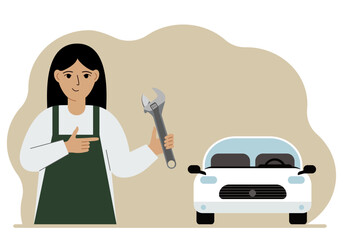 Auto mechanic in a car workshop near a white car. A woman holds a wrench in his hand. Car repair concept. Poster, advertisement, banner.