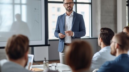 Confident male entrepreneur making an exciting pitch to investors. Startup, Business plan. Generative ai.