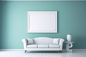 minimal comfy mood living room with white sofa and empty art wall hanging frame on blue wall, mockup idea, Generative Ai