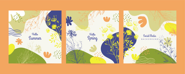 Spring floral background. Tropical print with flowers and leaves, Hello summer. Poster. Graphics. wallpaper