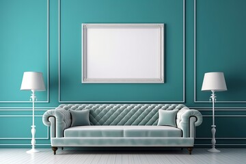 minimal comfy mood living room with green sofa and empty art wall hanging frame on blue wall, mockup idea, Generative Ai