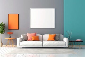 minimal comfy mood living room with white sofa and empty art wall hanging frame on grey blue wall, mockup idea, Generative Ai	