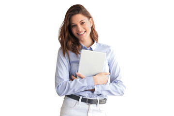 Fototapeta premium Attractive woman working on a tablet on a transparent background.