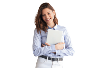 Attractive woman working on a tablet on a transparent background.
