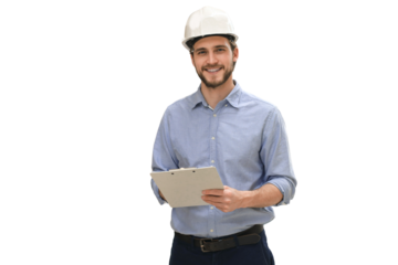 portrait of a smiling young warehouse worker working in a cash and carry wholesale store on a transparent background.