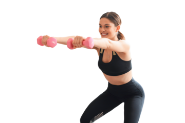 Beautiful slim fitness woman crouches with dumbbells on a transparent background. Sport, healthy lifestyle. Girl goes in for sports at home.