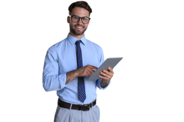 Young businessman using his tablet on a transparent background