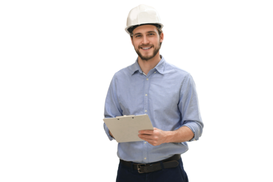 portrait of a smiling young warehouse worker working in a cash and carry wholesale store on a transparent background.
