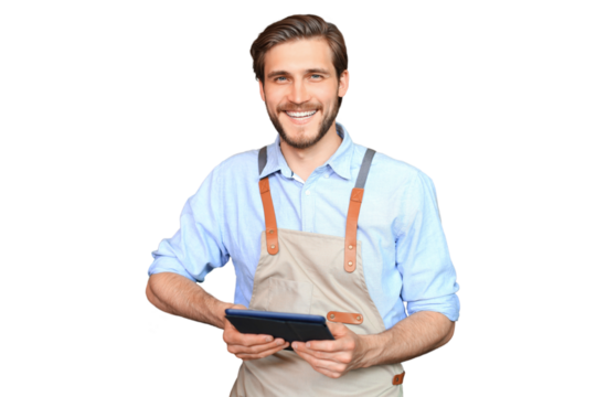 Young male owner using digital tablet while standing on a transparent background