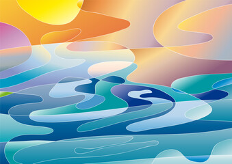 Abstract geometric colorful, vector background. Sun and storm on the sea in bright colors made with spots