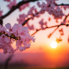 Close up of cherry blossoms against a sunset background Generative AI