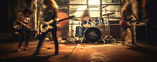 A rock band practicing. A charismatic feel girls rock band performing or rehearsing in an old dark warehouse. Motion blur image. Hand edited generative AI.  - obrazy, fototapety, plakaty