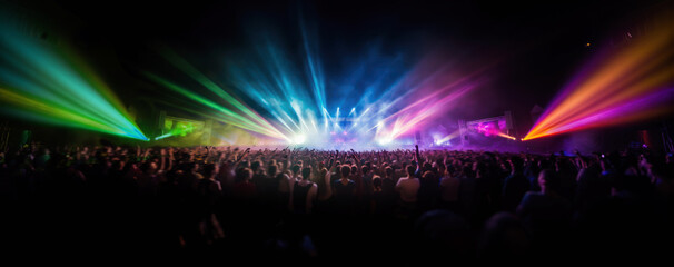 Cheering crowds of a live rock concert, music event, EDM dance festival. large scale outdoor, rock, popular, or electronic music festival at night, lights illuminating.  hand edited generative AI.