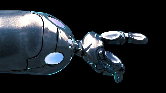 A humanoid robot hand presses an invisible button. ProRes 4444 12bit mov with Alpha Channel and Luma Matte. Artificial Intelligence Concept.