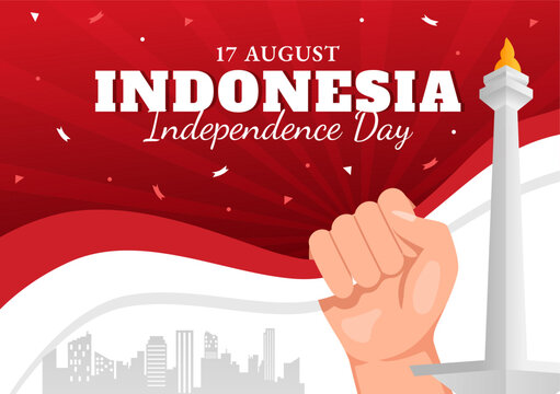 Indonesia Independence Day Vector Illustration on 17 August with Indonesian Flag Raising the Red and White in Flat Cartoon Hand Drawn Templates