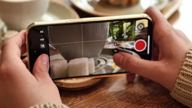 Woman Hands Taking Photos Of Dinner Food By Smartphone. Closeup. 4K. High quality 4k footage