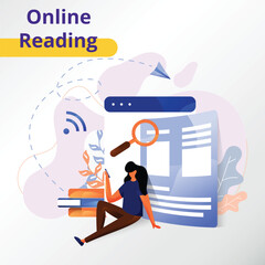 E-Learning Banner. Online Education, Home Schooling. Modern Workplace, Man Teacher On Laptop Screen, Woman Watching Online Course. Web Courses Or Tutorials Concept. Education Vlog. Vector Illustration