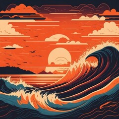 Sunset, storm, ocean waves. flat design vector illustrations Generative AI