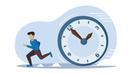 Failure to meet tight project deadlines. Man escaping responsibility. Faceless adult person running away from huge rolling clock. Flat vector illustration