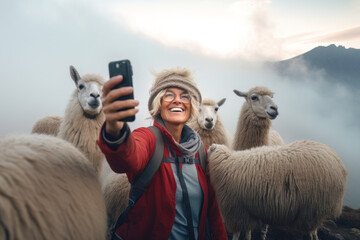 Obraz premium AI generated portraiy of woman makes selfie with alpaka