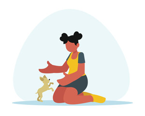Volunteer girl playing with small dog. Young people spending time with dog. Charity for domestic animals. Volunteer playing with pet. Social active youth. Vector