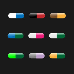 Realistic colorful medical pills, Tablets, Capsules isolated on black background. Pharmaceutical vector illustration.