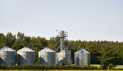 Steel grain silos stand next to a field. Agro silo granary elevator with seeds. Agro-processing...