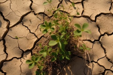 Resilient Beauty: A Striking Top-Down View of Cracked, Dry Earth Interspersed with Green Plants, Symbolizing Nature's Tenacity and the Balance of Life in Arid Summer Conditions.

