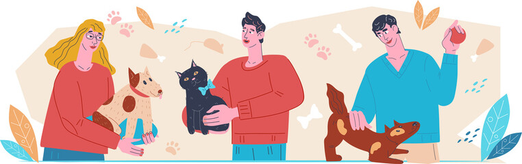 People loving and caring for domestic animals, pets and owners characters for any topic of veterinary and pets, health and care.