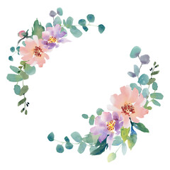 A wreath of flowers. Watercolor illustration. Peonies, roses, calendula, anemones, eucalyptus. Beauty and health.