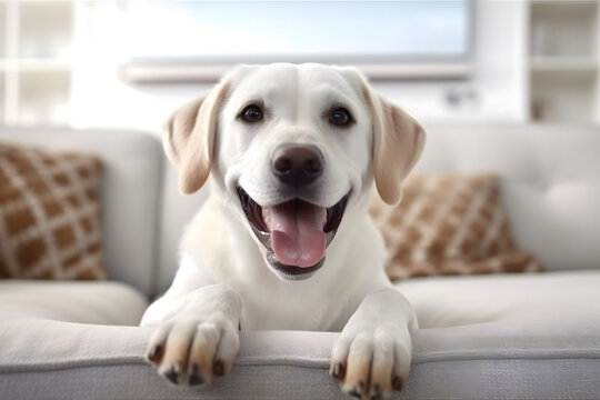 labrador puppy sitting on a sofa