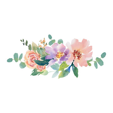 Watercolor flowers on an isolated background. Handmade work. Colorful illustration. Wedding. Anemones, peonies, roses,cosmea, calendula.