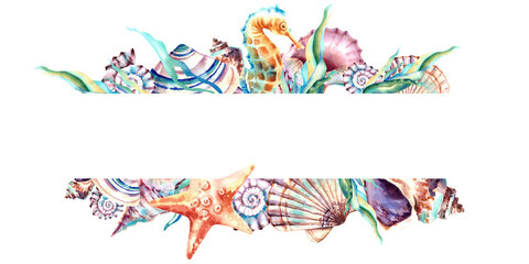 A banner made of marine animals. Seahorse, seashell, starfish, algae. Watercolor illustration on a white background.